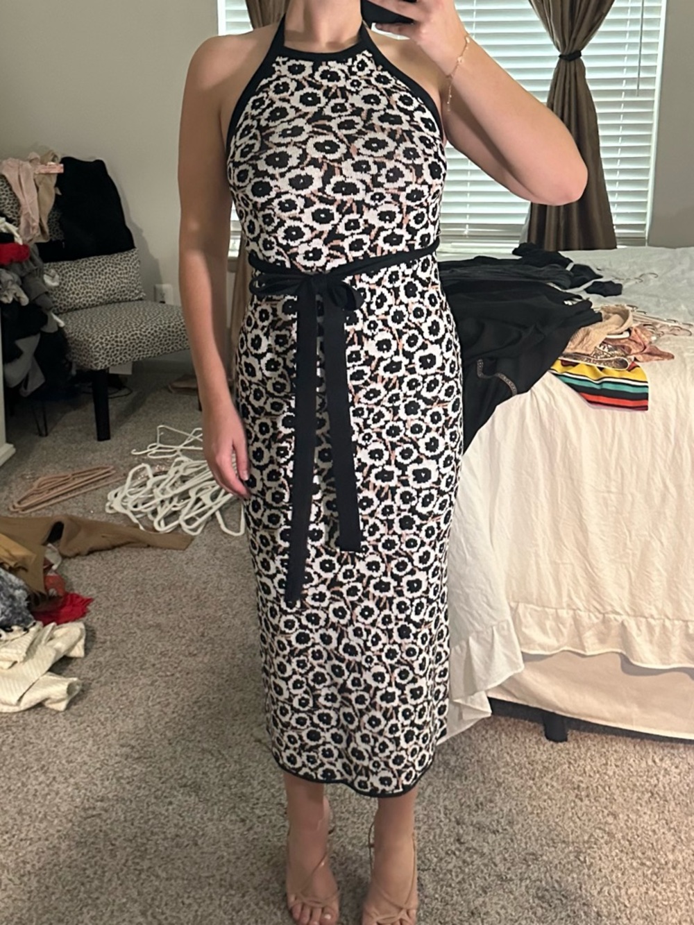 Diane Von Furstenberg Black and White Halter Midi Dress with Waist Tie